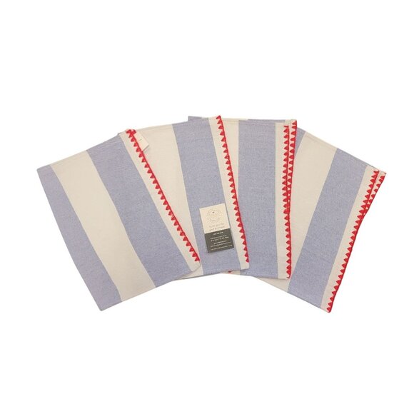Set Of 4 Blue & White Striped Cotton Table Placemats With Red Zigzag Trim - Picture 2 of 2